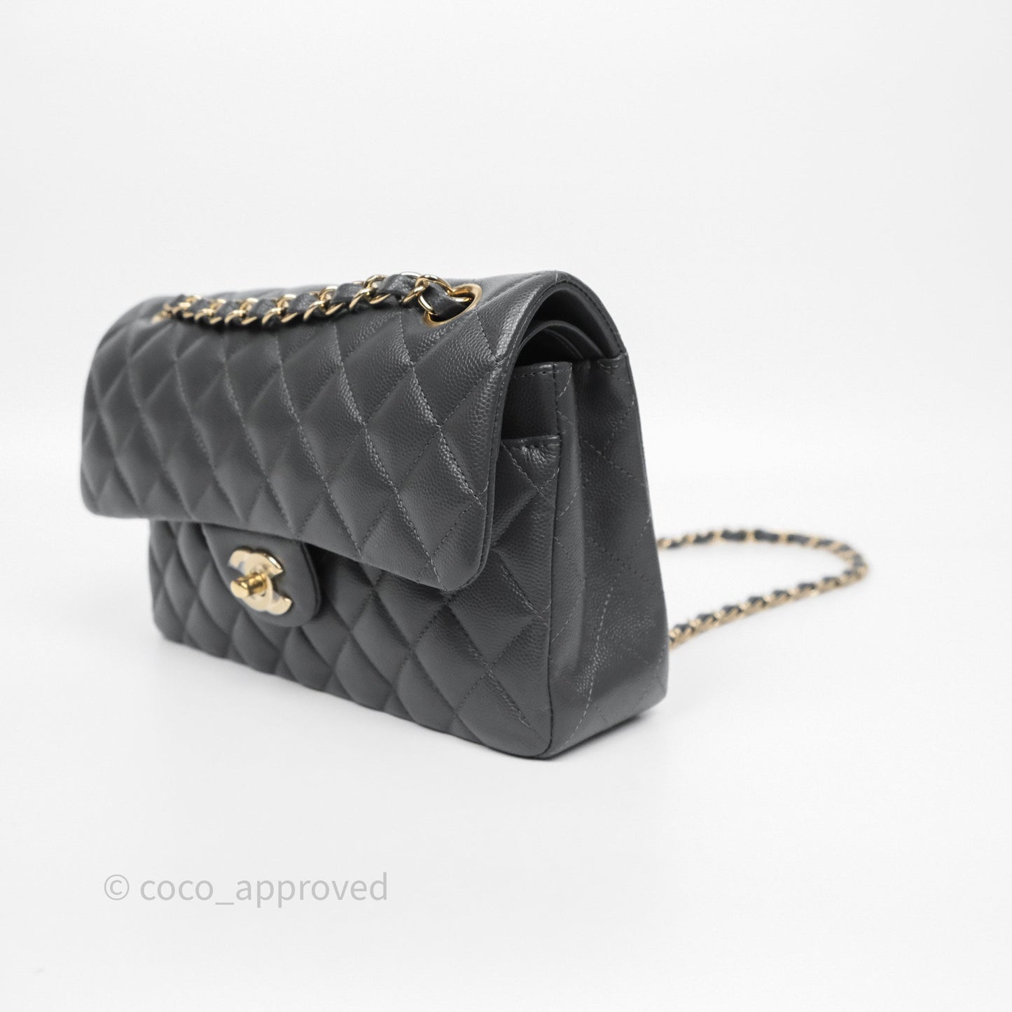 Chanel Small Classic Flap Quilted Dark Grey Caviar Gold Hardware