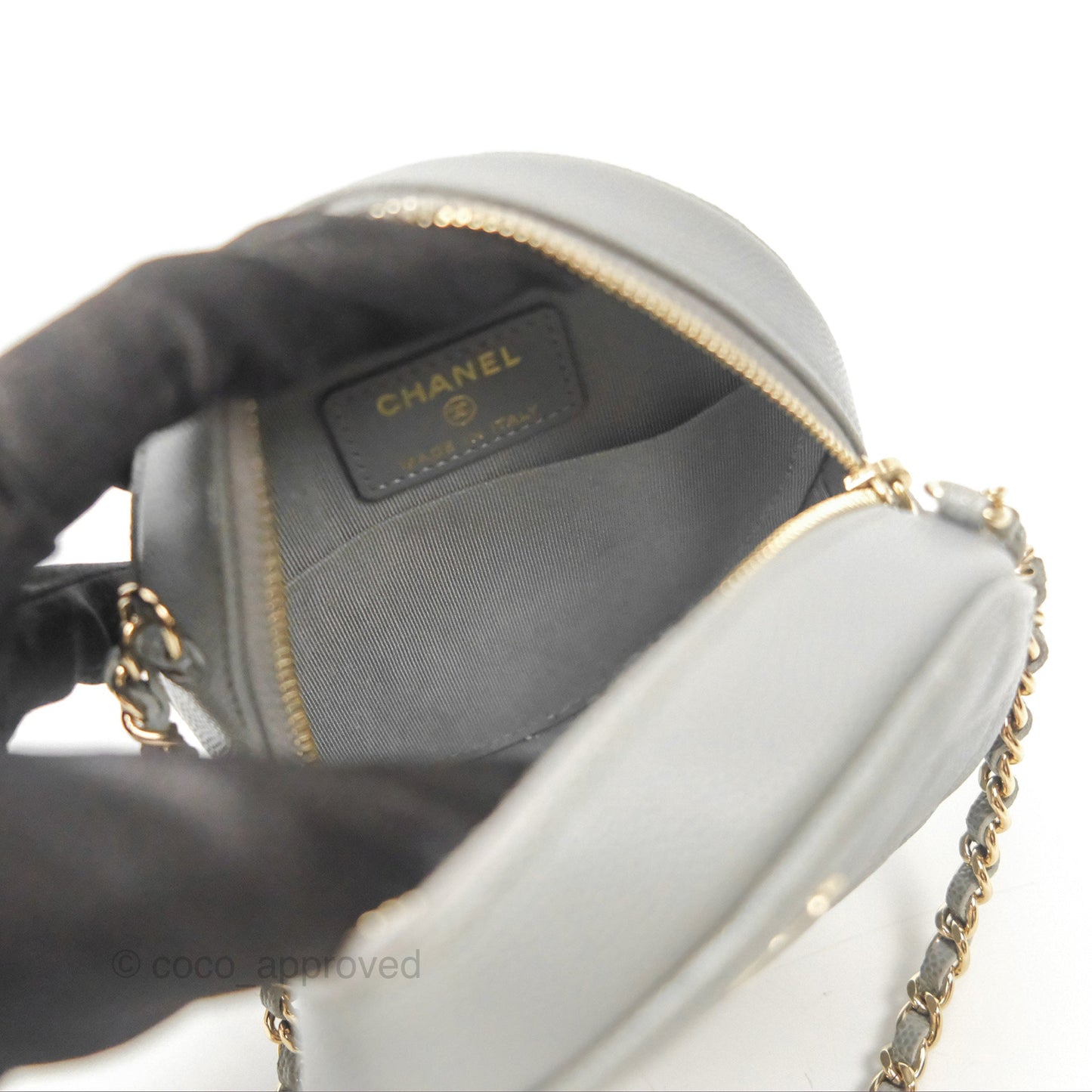 Chanel Classic Quilted Round Clutch With Chain Grey Caviar Gold Hardware