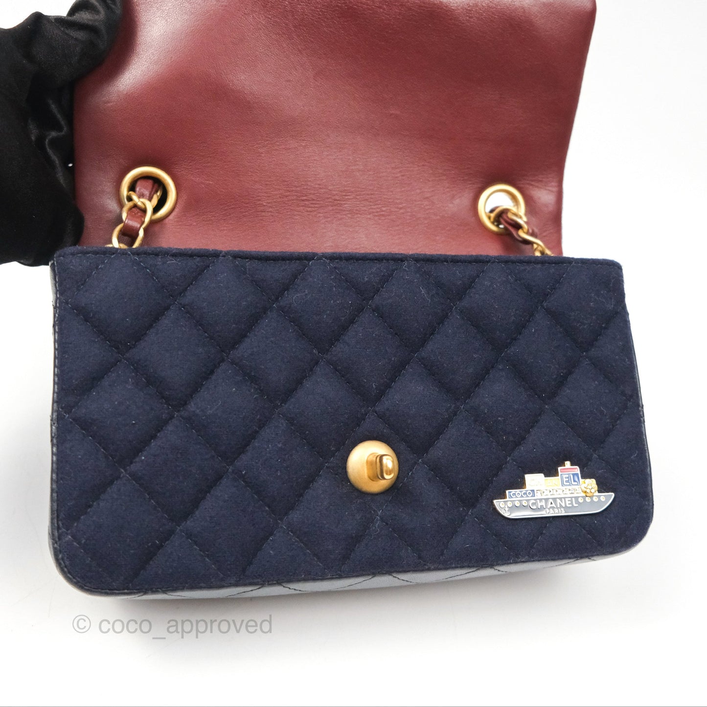 Chanel Mini Charms Rectangular Flap Navy Wool Aged Gold Hardware 18C