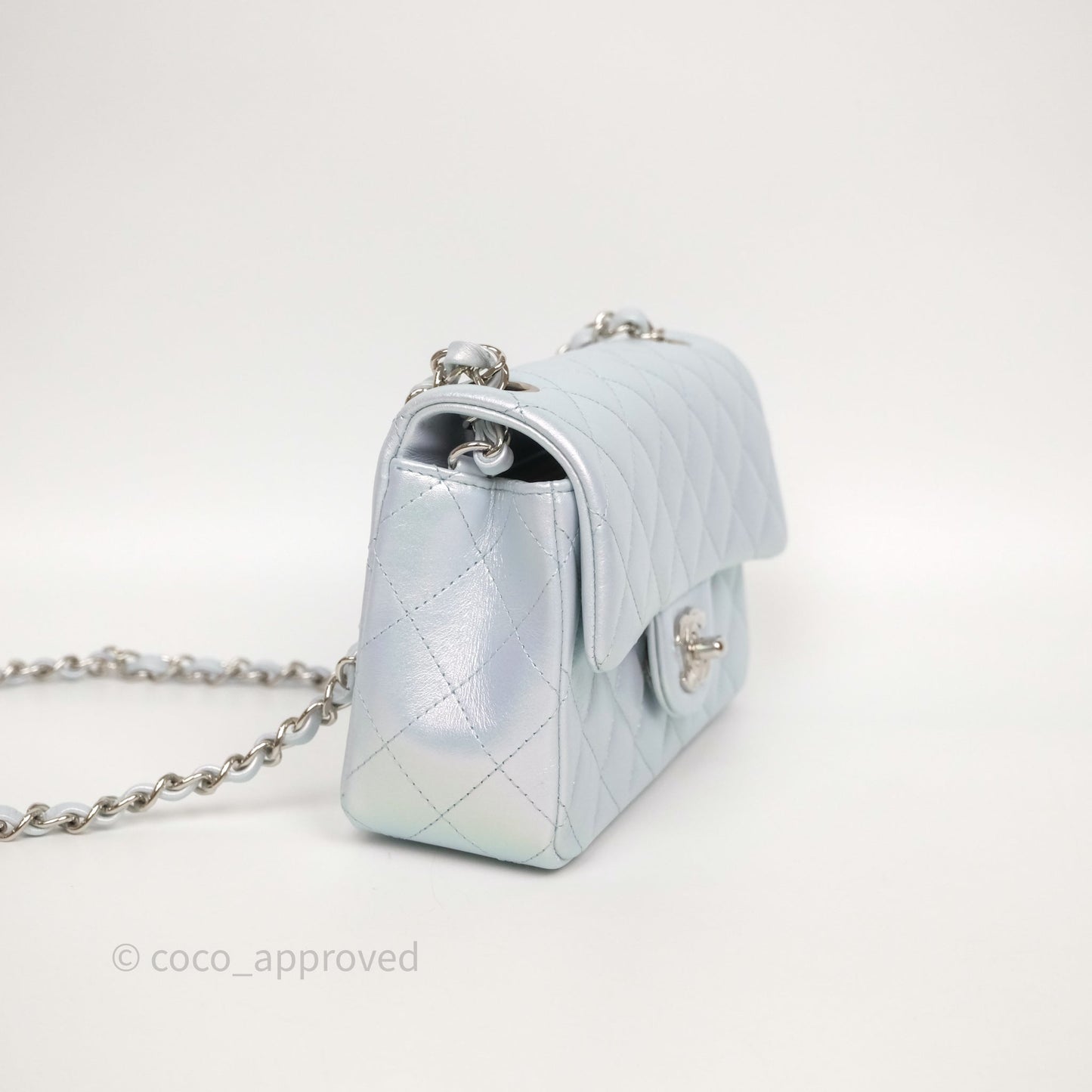 Chanel Mini Rectangular Bag Quilted Iridescent Icy Blue Silver Hardware