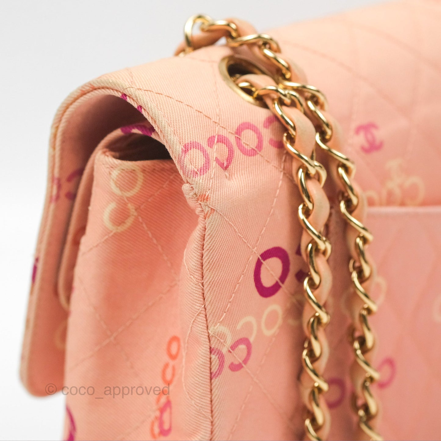 Chanel Coco Logo Medium Classic Flap Quilted Coral Pink Canvas Gold Hardware