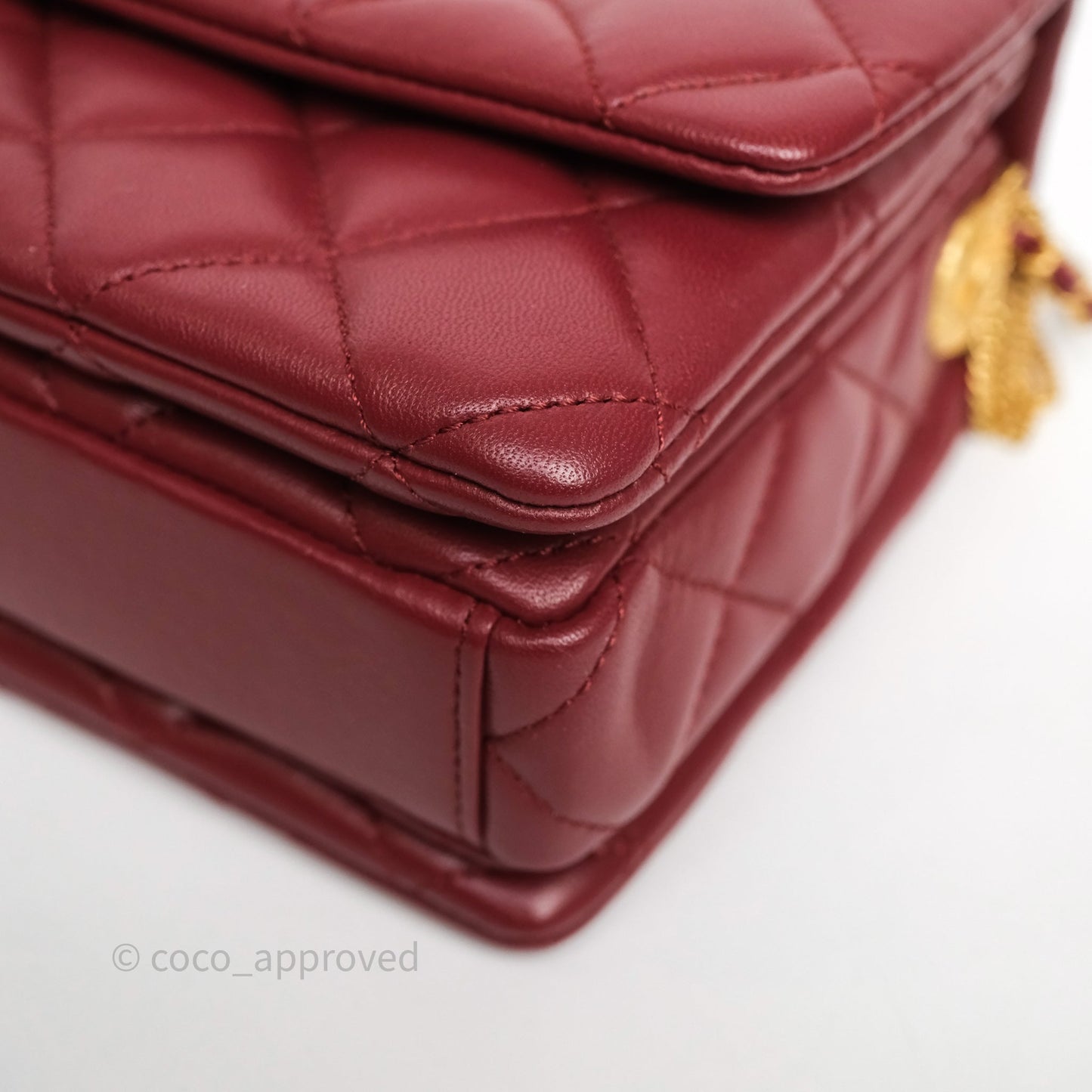 Chanel Quilted Accordion Flap Bag with Button on Chain Burgundy Lambskin Aged Gold Hardware 22A