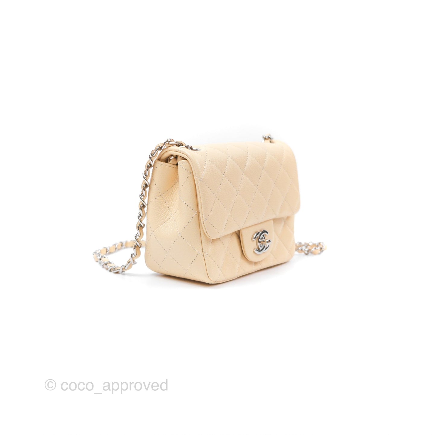 Chanel Quilted Mini Square Flap Light Beige Caviar Silver Hardware