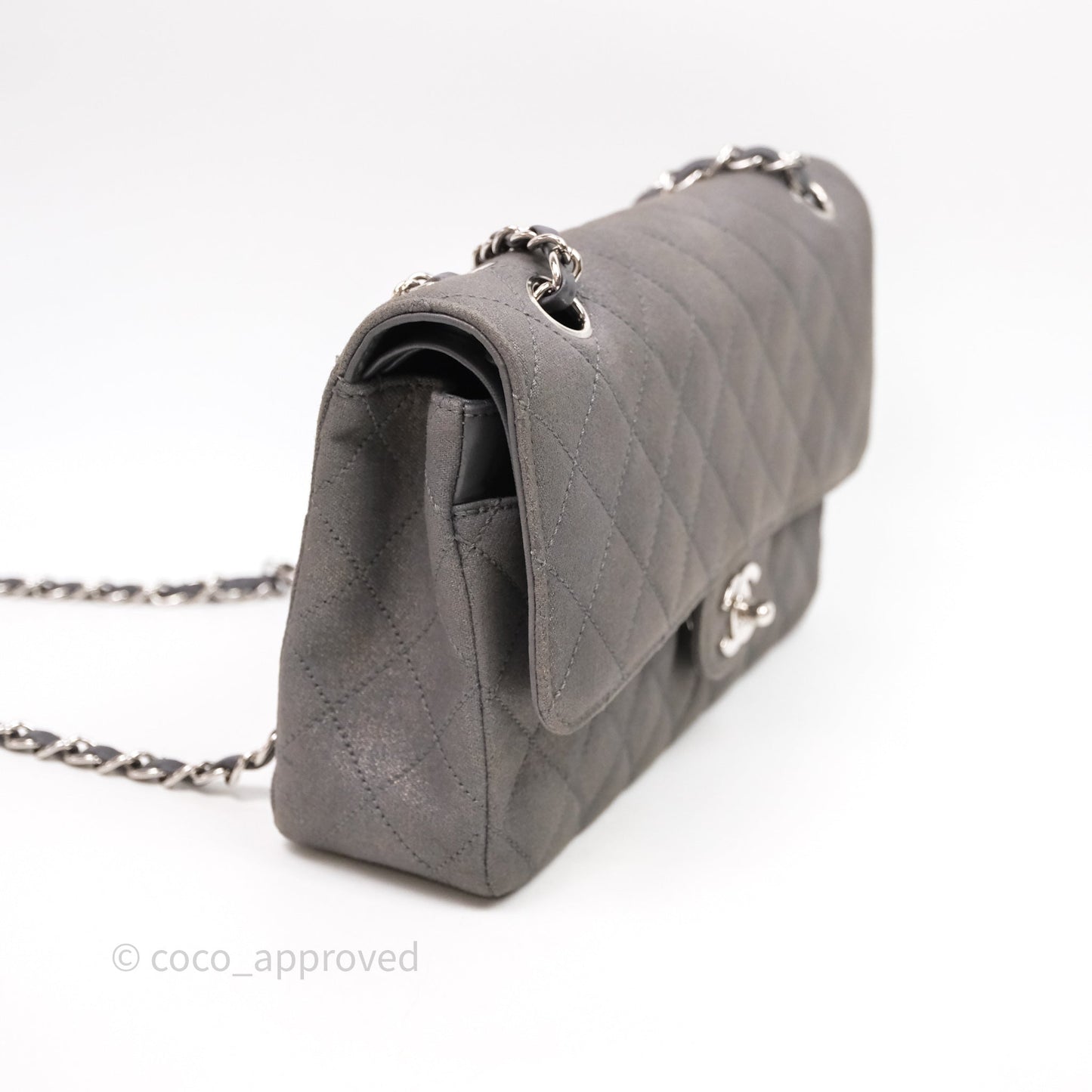 Chanel Classic M/L Medium Flap Quilted Iridescent Metallic Grey Canvas Silver Hardware