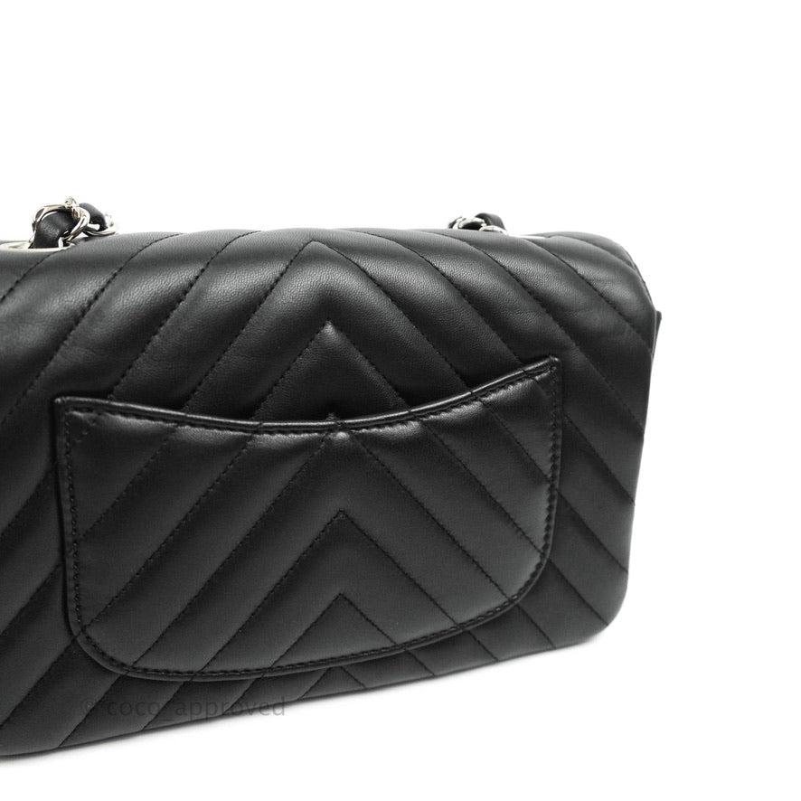 Chanel Chevron Mini Rectangular Flap Black Lambskin Silver Hardware
