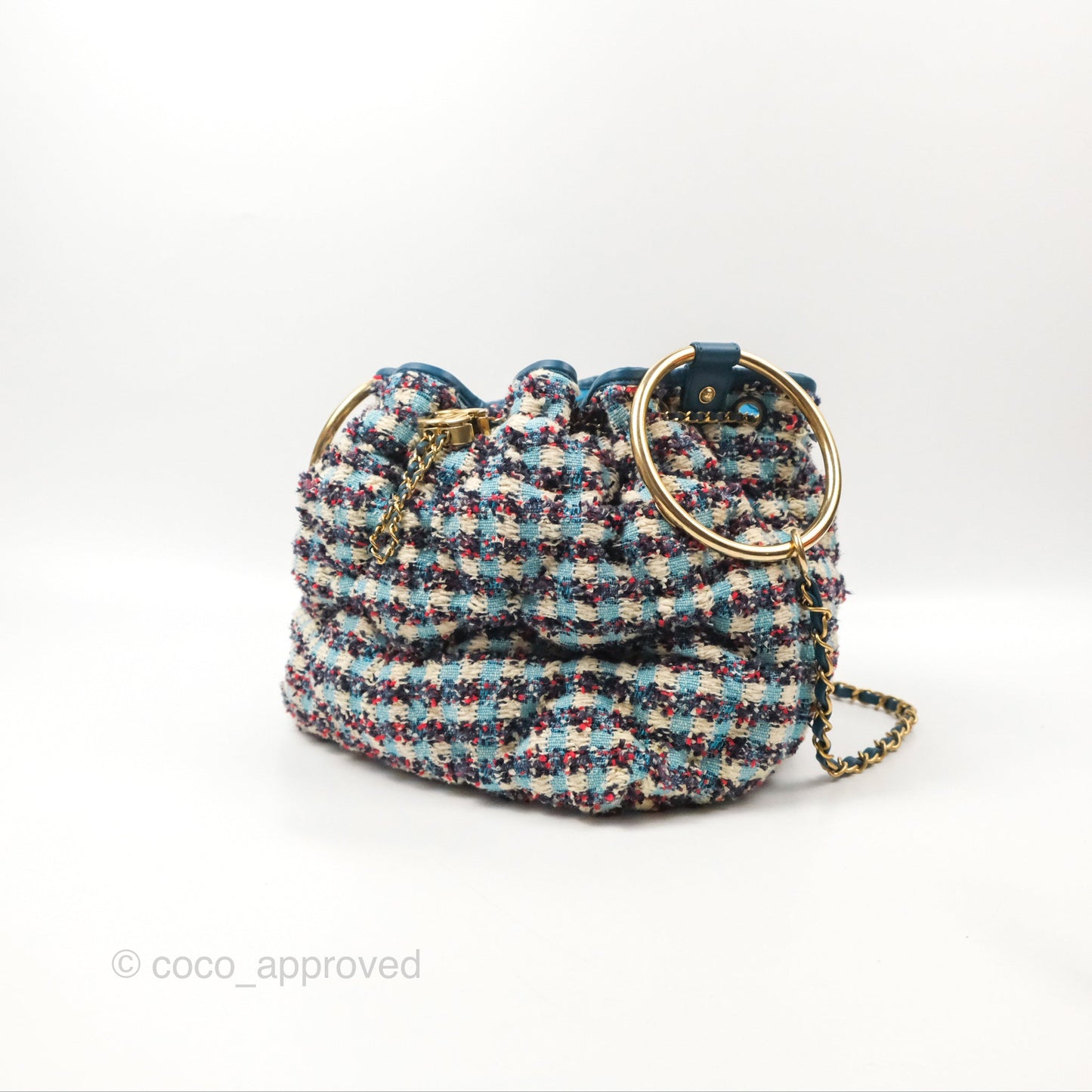 Chanel Cuba Chesterfield Tweed Drawstring Bucket Bag Blue Aged Gold Hardware 17C