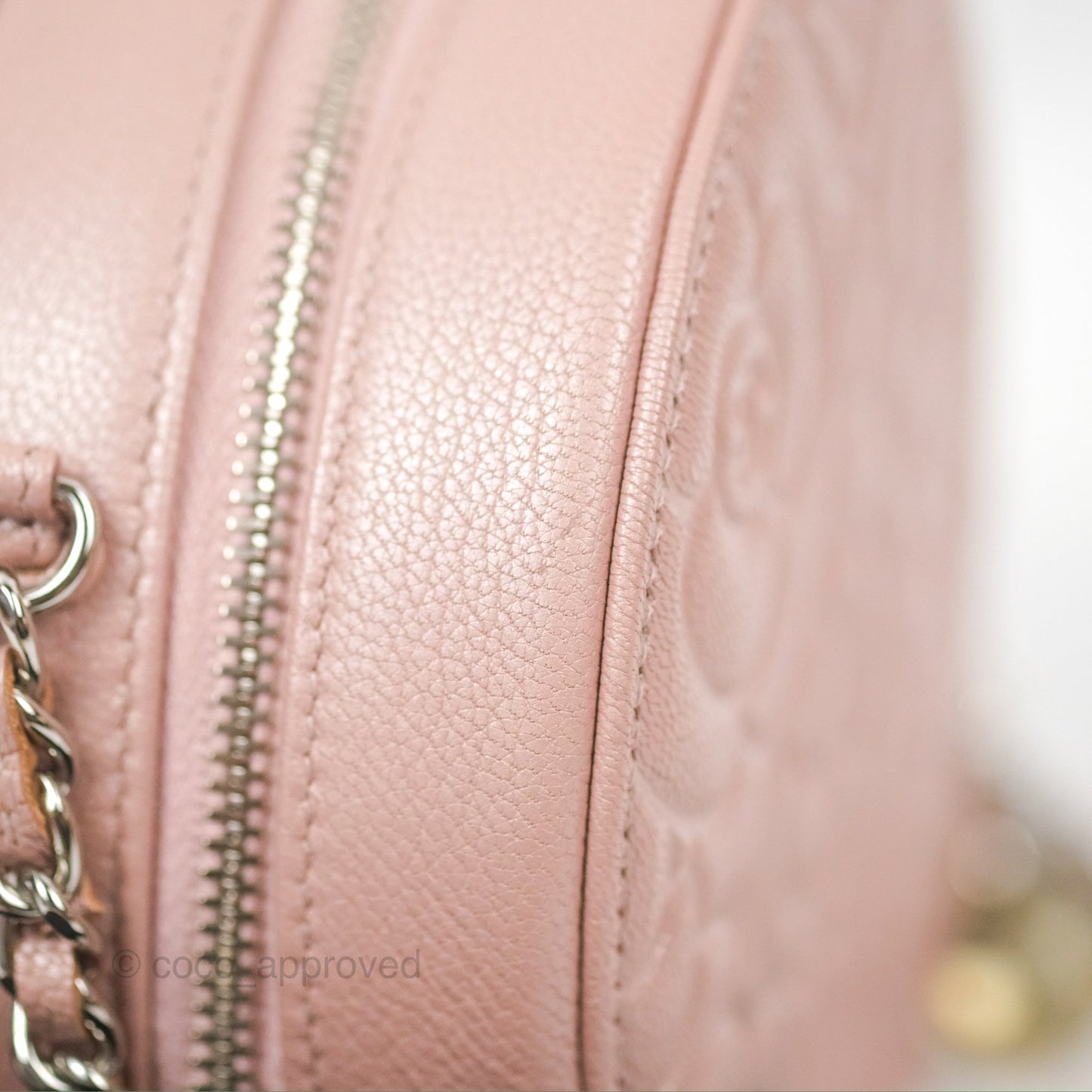 Chanel Camellia Embossed Round Clutch With Chain Iridescent Light Pink Goatskin Silver Hardware
