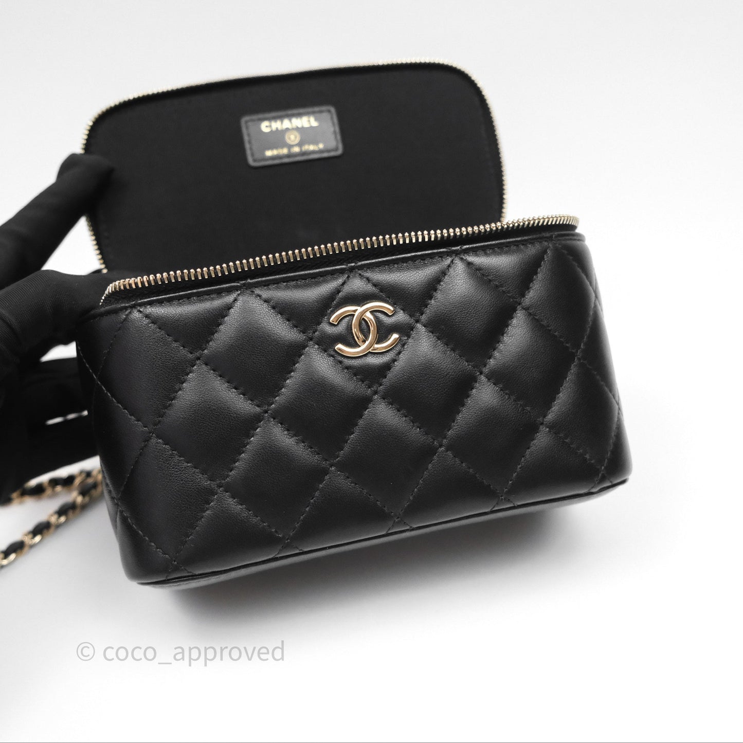 Chanel Classic Vanity Rectangular Top Handle With Chain Black Lambskin Gold Hardware