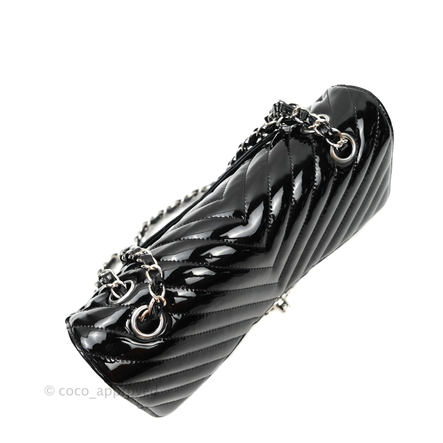 Chanel Classic Chevron M/L Medium Double Flap Black Patent Silver Hardware