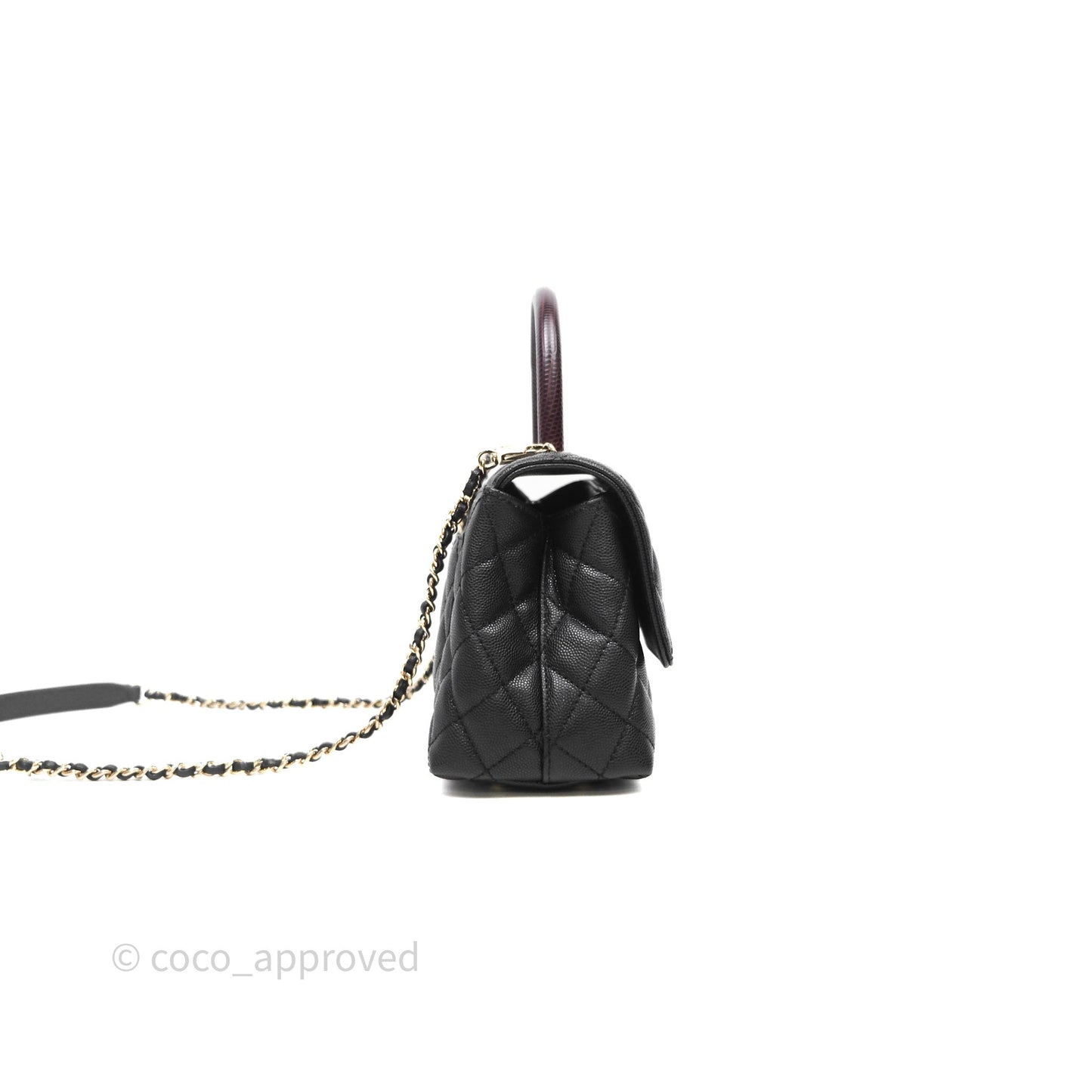 Chanel Mini Coco Handle Quilted Black Caviar Light Gold Hardware Lizard Embossed Handle