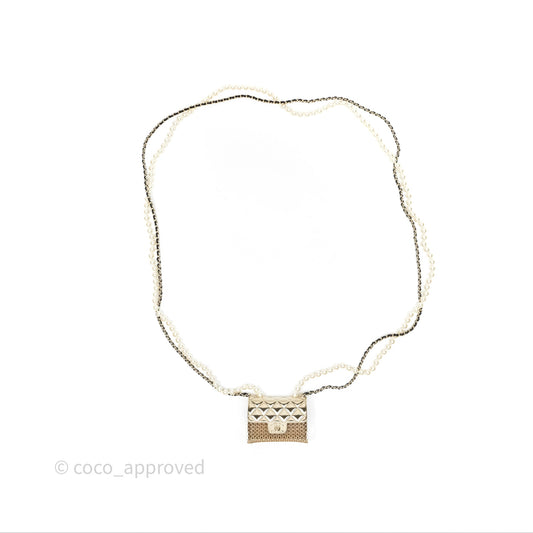 Chanel Flap Bag Charm Pearl Chain Black Leather Long Necklace Gold Tone 21S