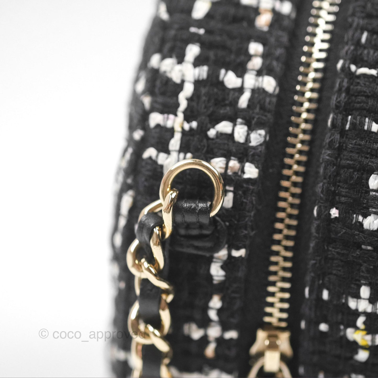 Chanel Classic Quilted Round Clutch With Chain Black Tweed Gold Hardware