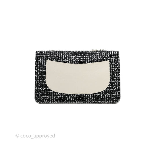Chanel Classic Single Flap Bag Black/White Tweed Silver Hardware