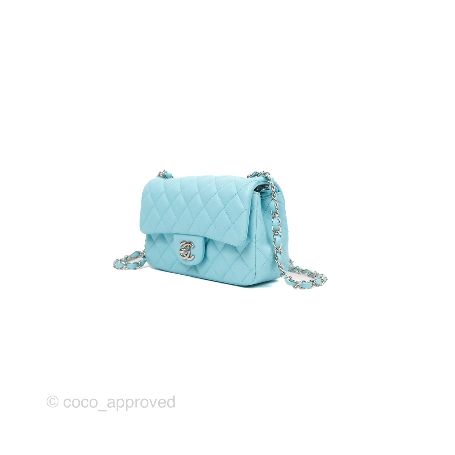 Chanel Quilted Mini Rectangular Flap Neon Blue Lambskin Silver Hardware 21S