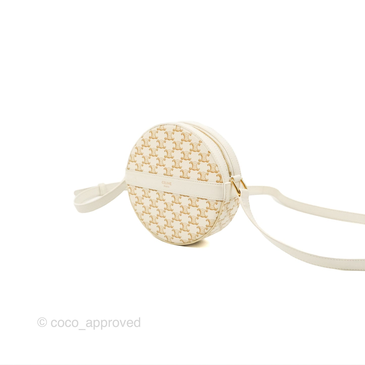 Celine Round Purse on Strap Triomphe Canvas White Calfskin