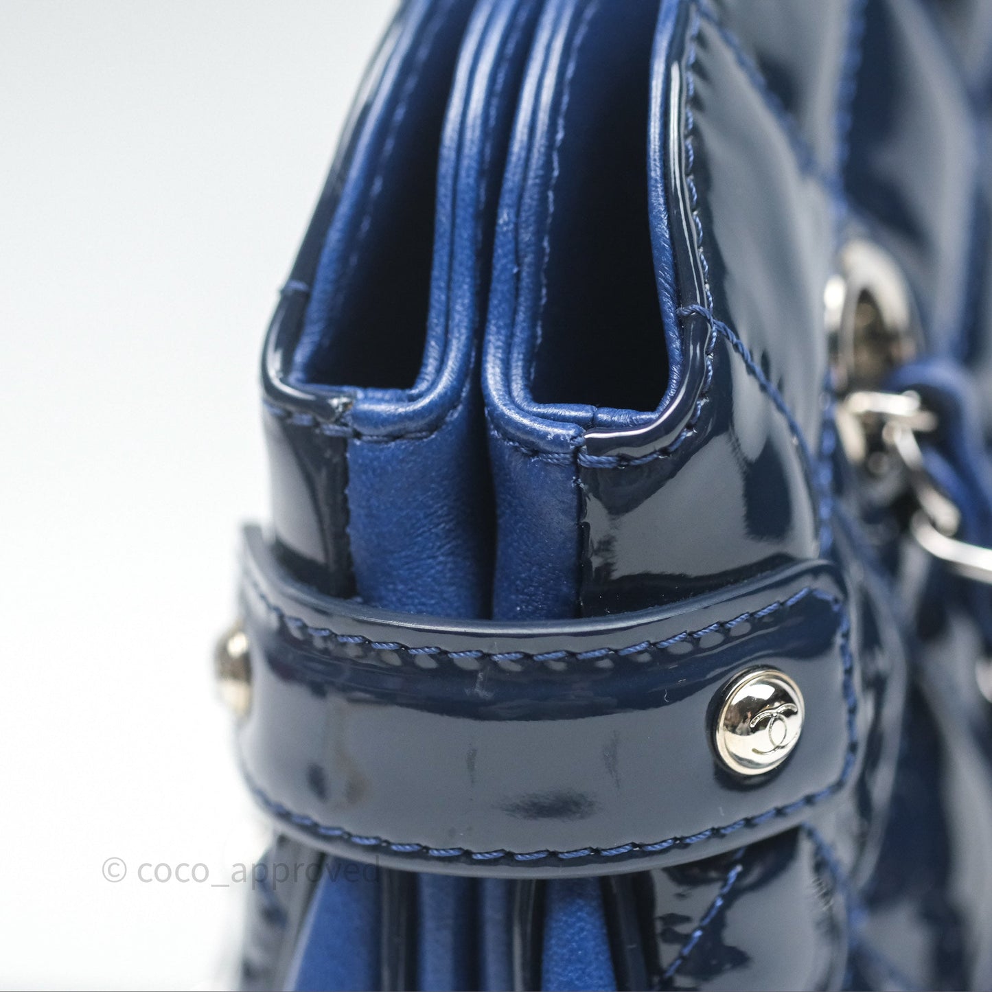 Chanel Quilted Bowling Tote Royal Blue Patent Silver Hardware