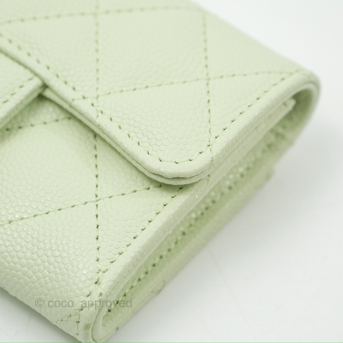 Chanel Quilted Flap Card Holder Light Green Caviar Gold Hardware