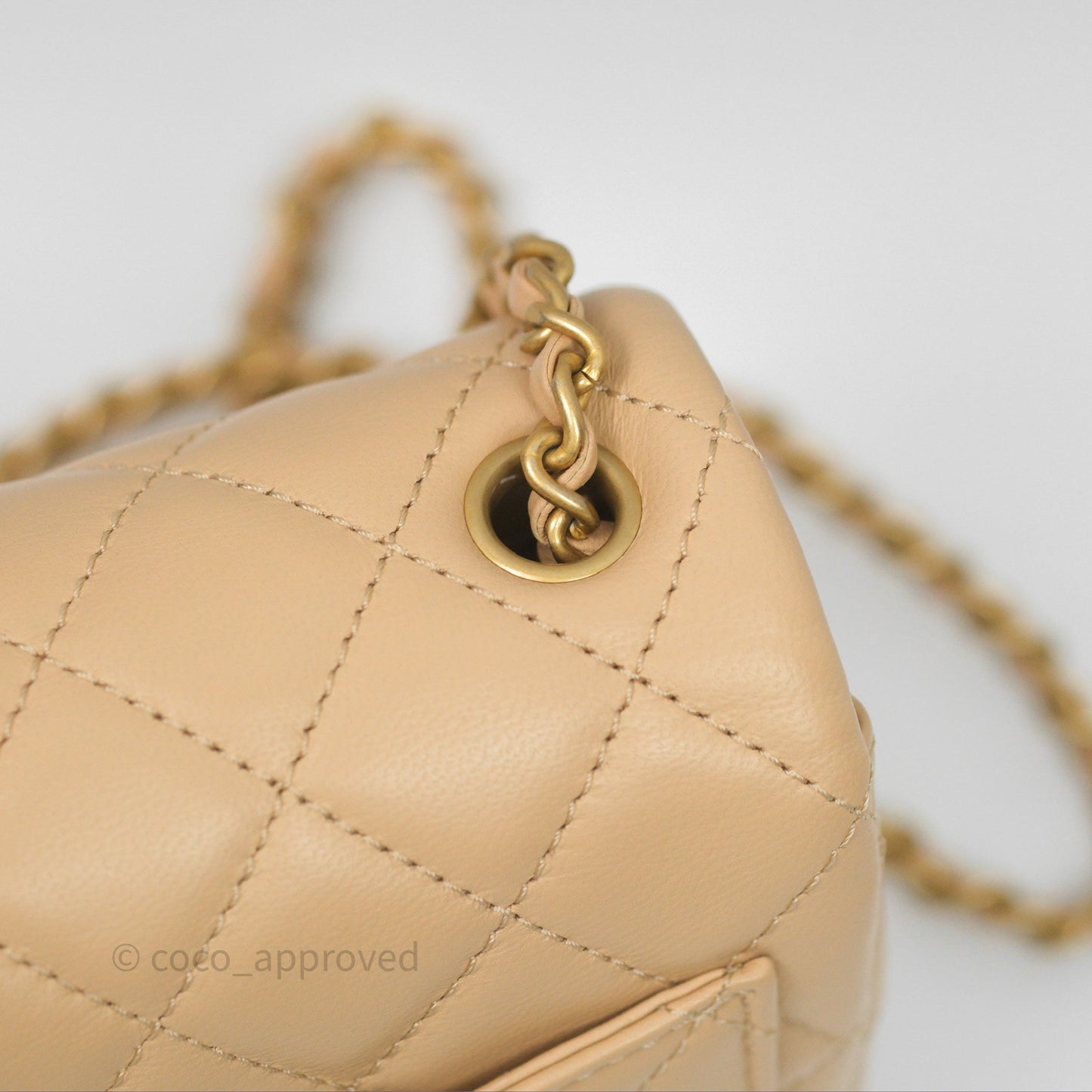 Chanel Pearl Crush Mini Square Quilted Beige Lambskin Aged Gold Hardware