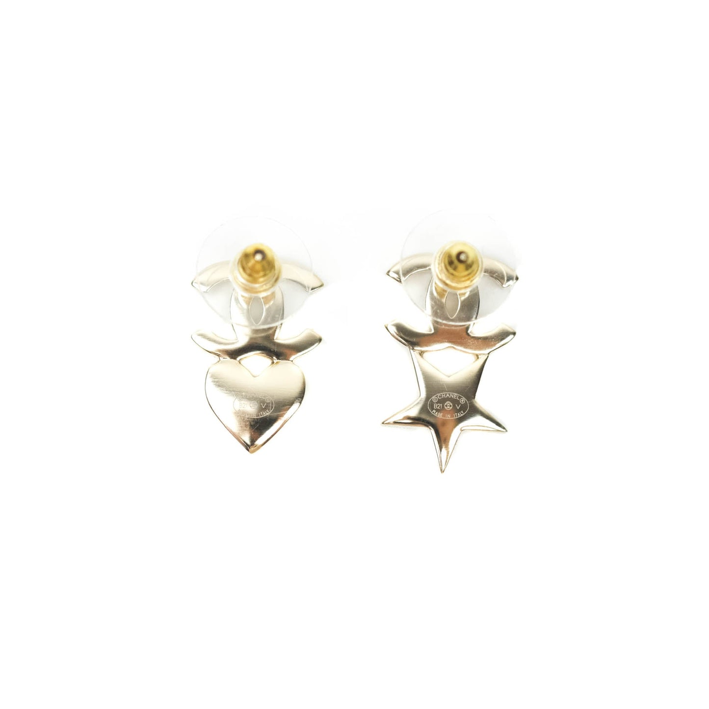 Chanel Crystal CC Pearl Star & Heart Earrings Light Gold Tone 21V