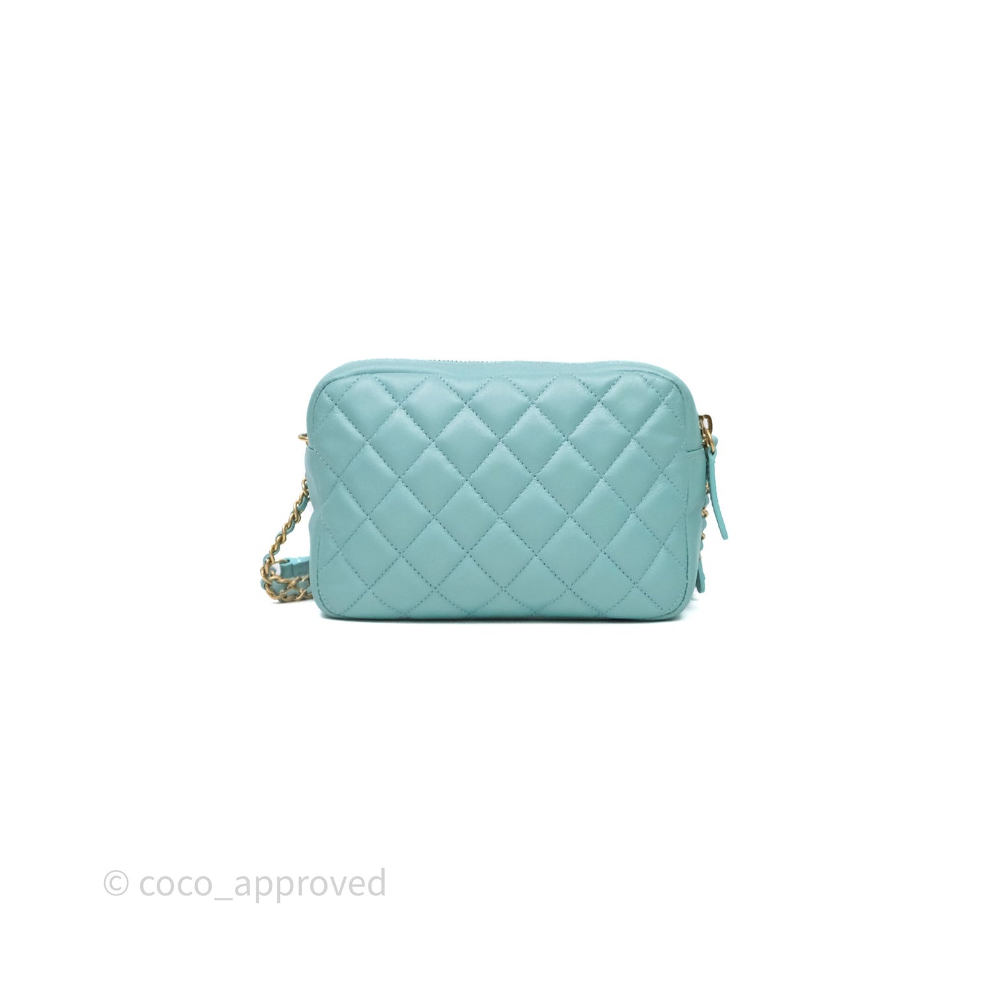 Chanel Camera Bag Quilted Pearly Turquoise Lambskin Aged Gold Hardware
