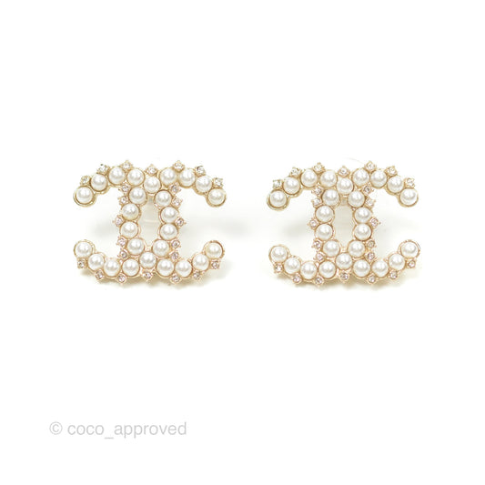 Chanel CC Crystal Pearl Earrings Gold Tone