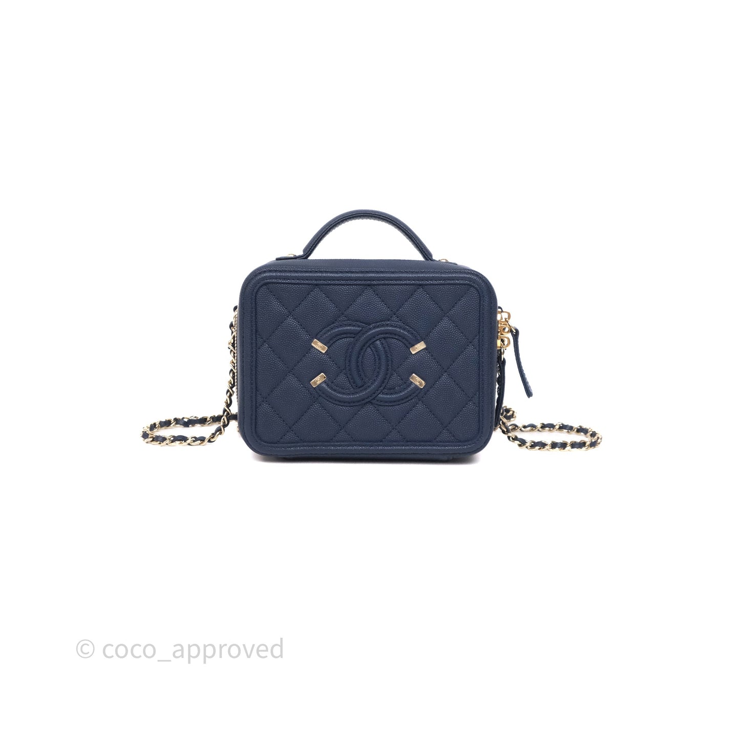Chanel Quilted Small CC Filigree Vanity Case Navy Caviar Gold Hardware