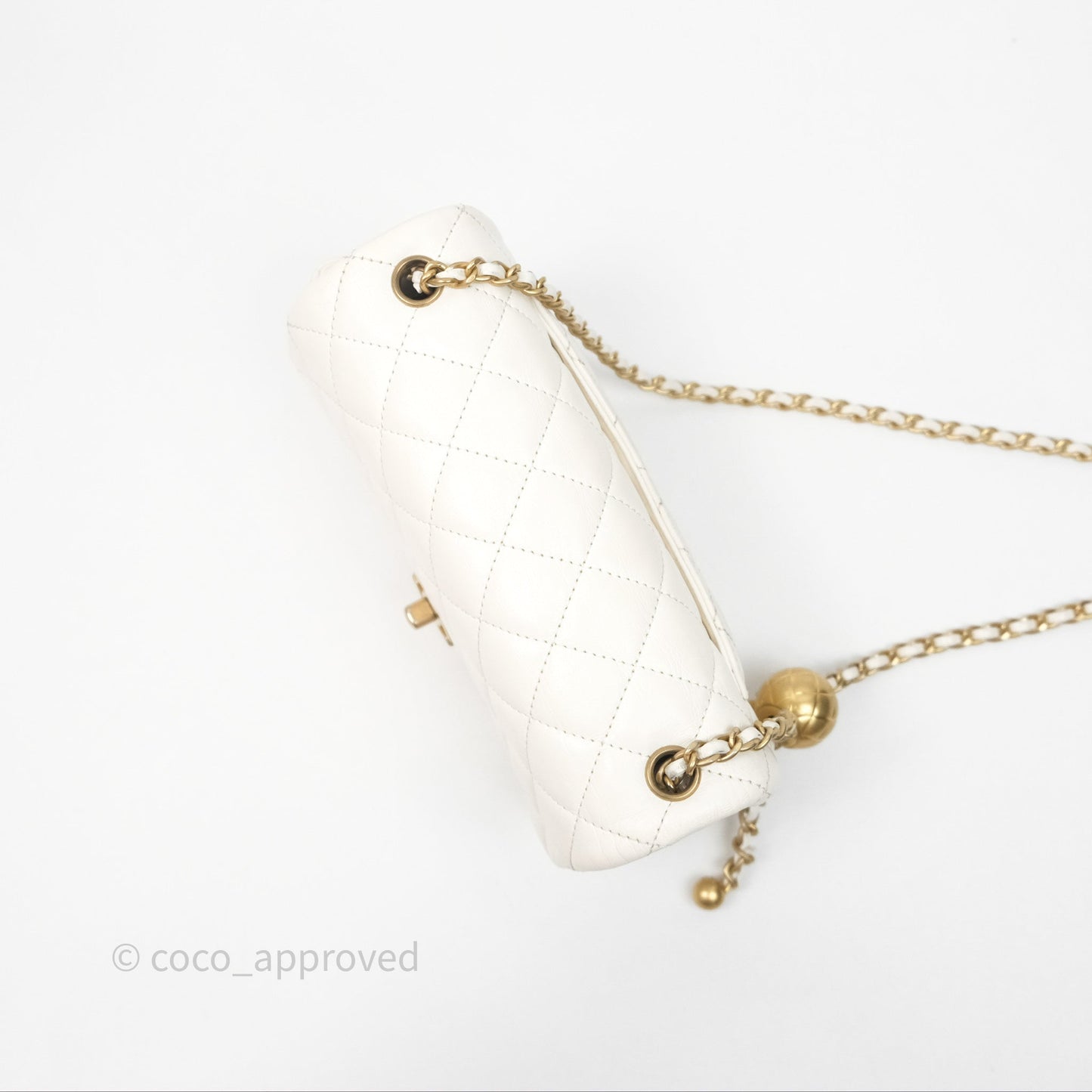 Chanel Mini Rectangular Pearl Crush Quilted White Lambskin Aged Gold Hardware