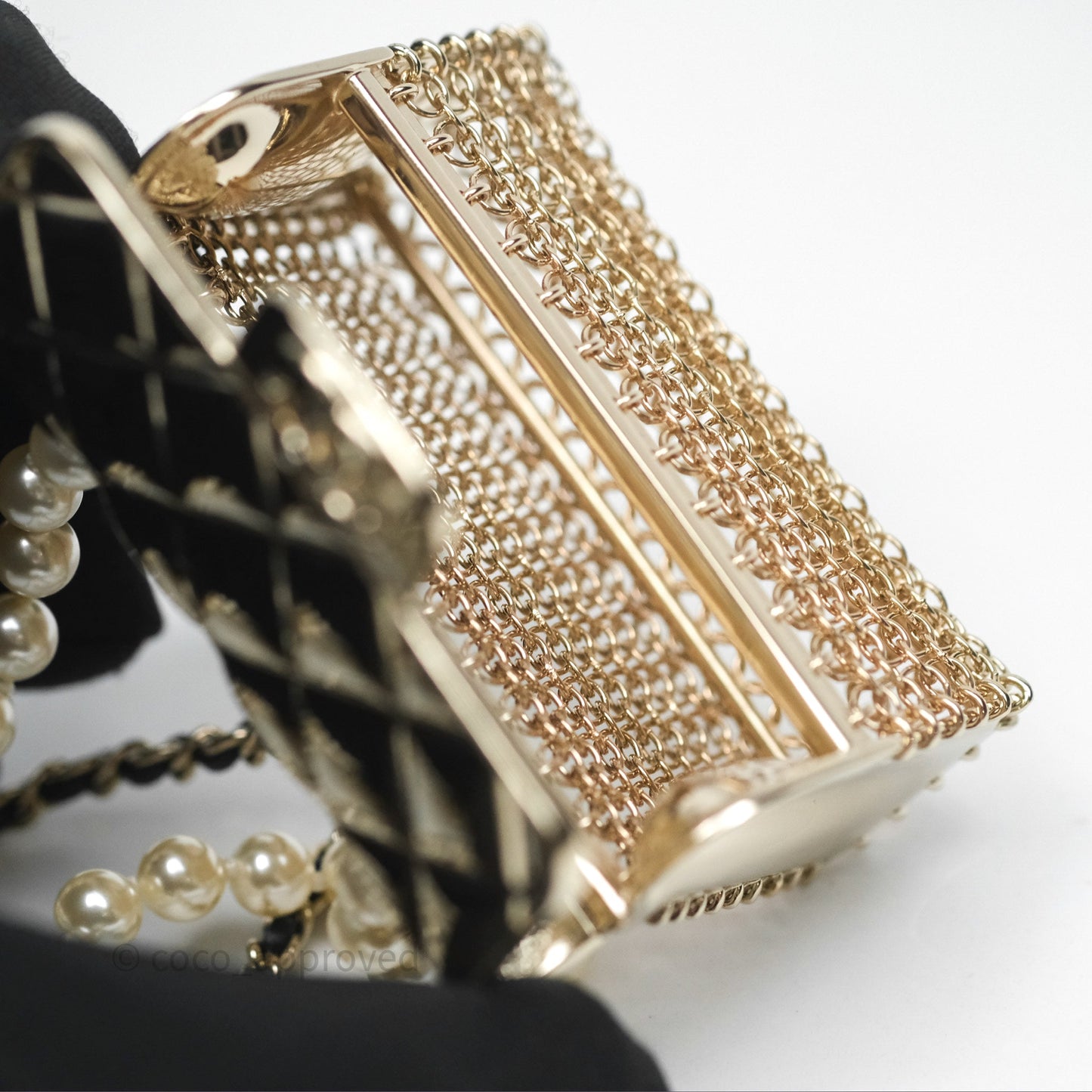 Chanel Flap Bag Charm Pearl Chain Black Leather Long Necklace Gold Tone 21S