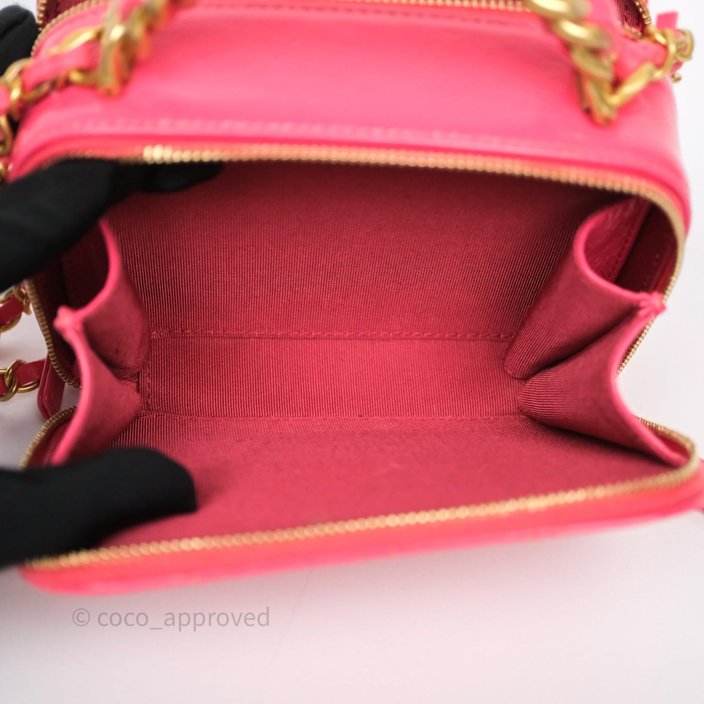 Chanel Small Top Handle Vanity Case Hot Pink Shiny Crumpled Calfskin Aged Gold Hardware