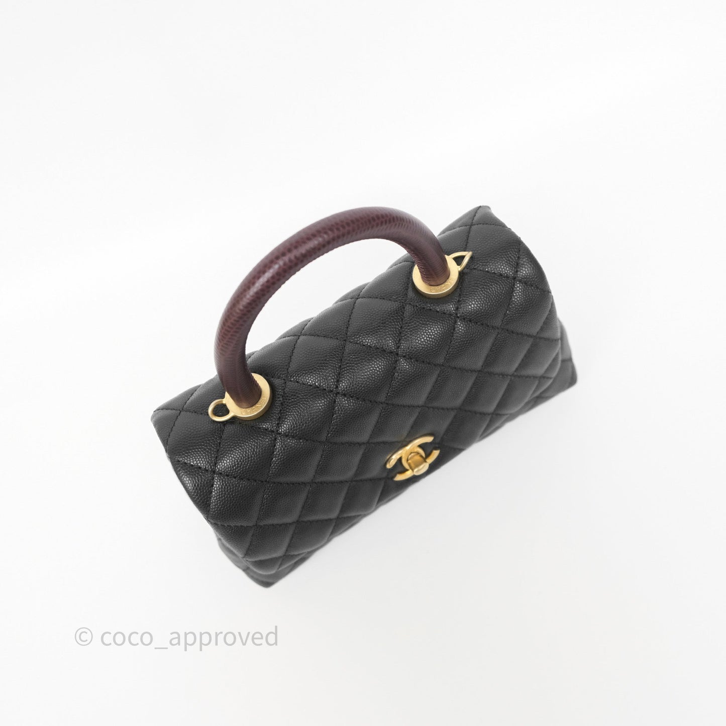 Chanel Small Coco Handle Quilted Black Caviar Aged Gold Hardware Lizard Handle