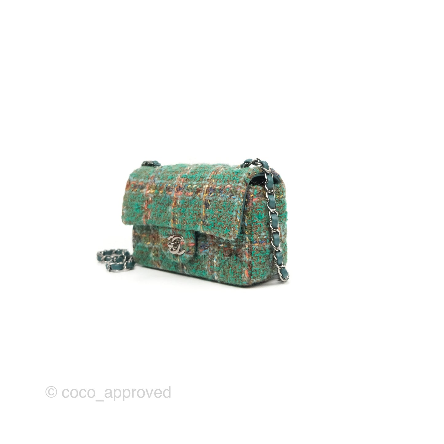 Chanel Mini Rectangular Flap Quilted Green Tweed Gun Metal 23A