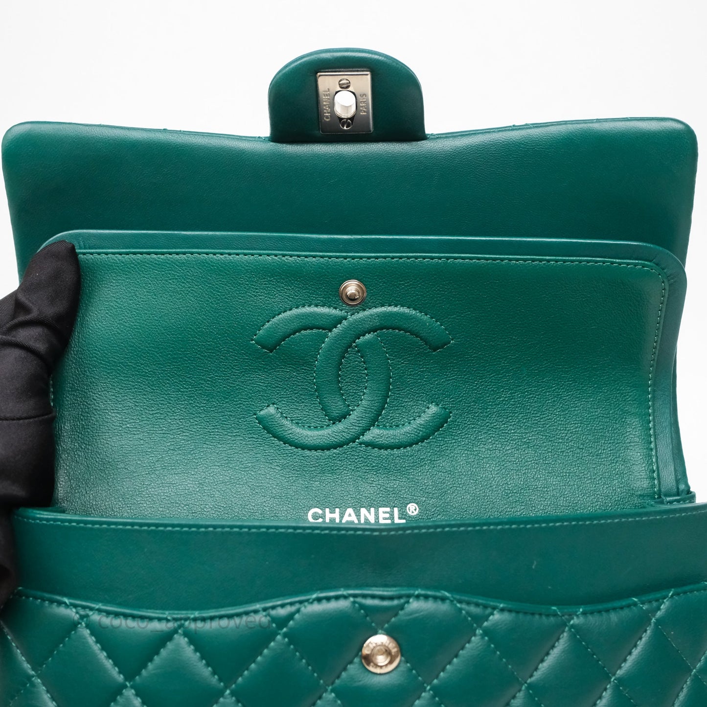 Chanel Medium Classic Flap Quilted Dark Green Lambskin Silver Hardware