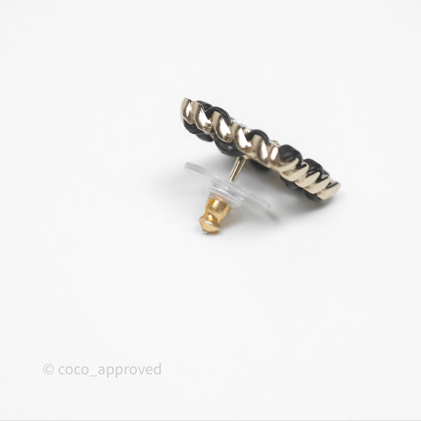 Chanel Square Crystal CC Braided Black Leather Earrings Gold Tone 20B
