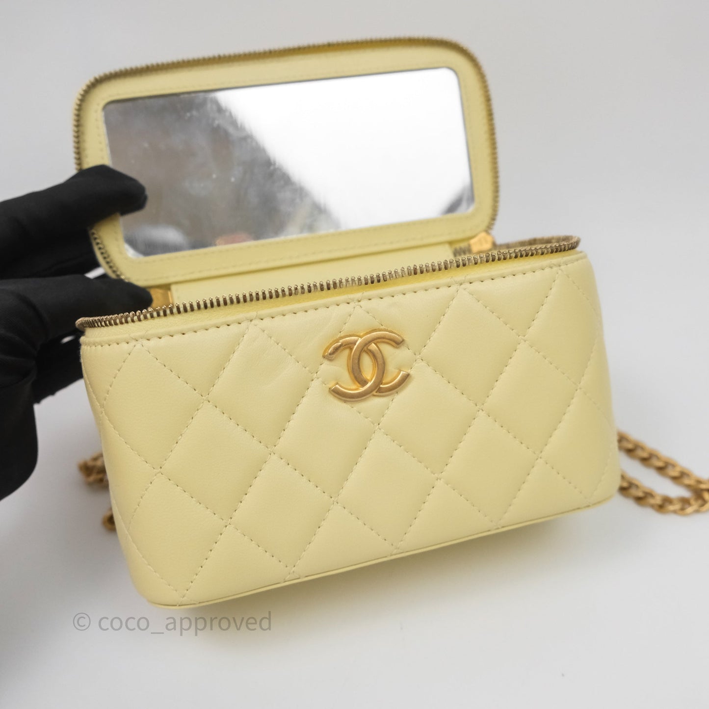 Chanel Quilted Vanity Rectangular with Camellia Adjustable Chain Yellow Lambskin