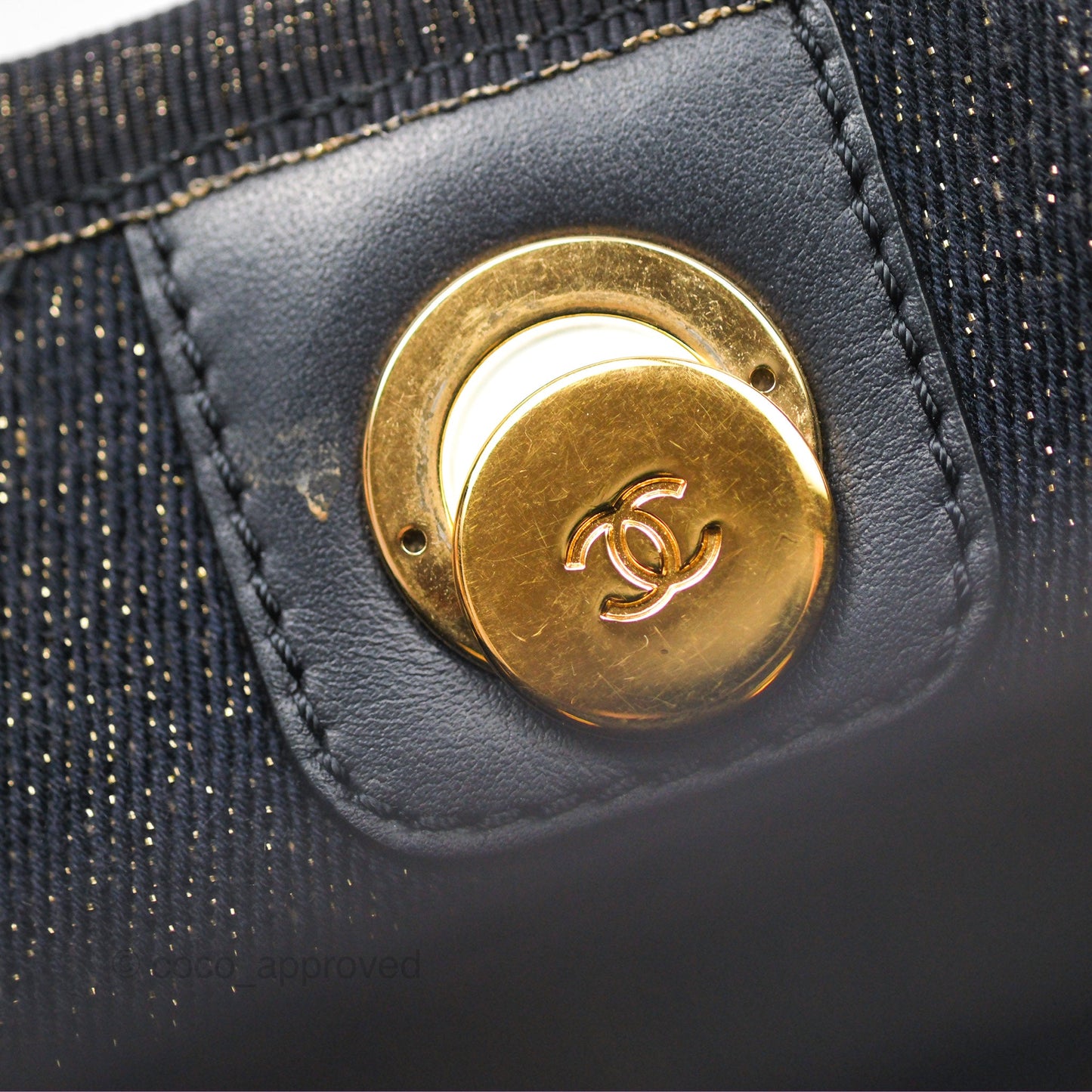 Chanel Medium Deauville Tote Navy Glitter Canvas Gold Hardware
