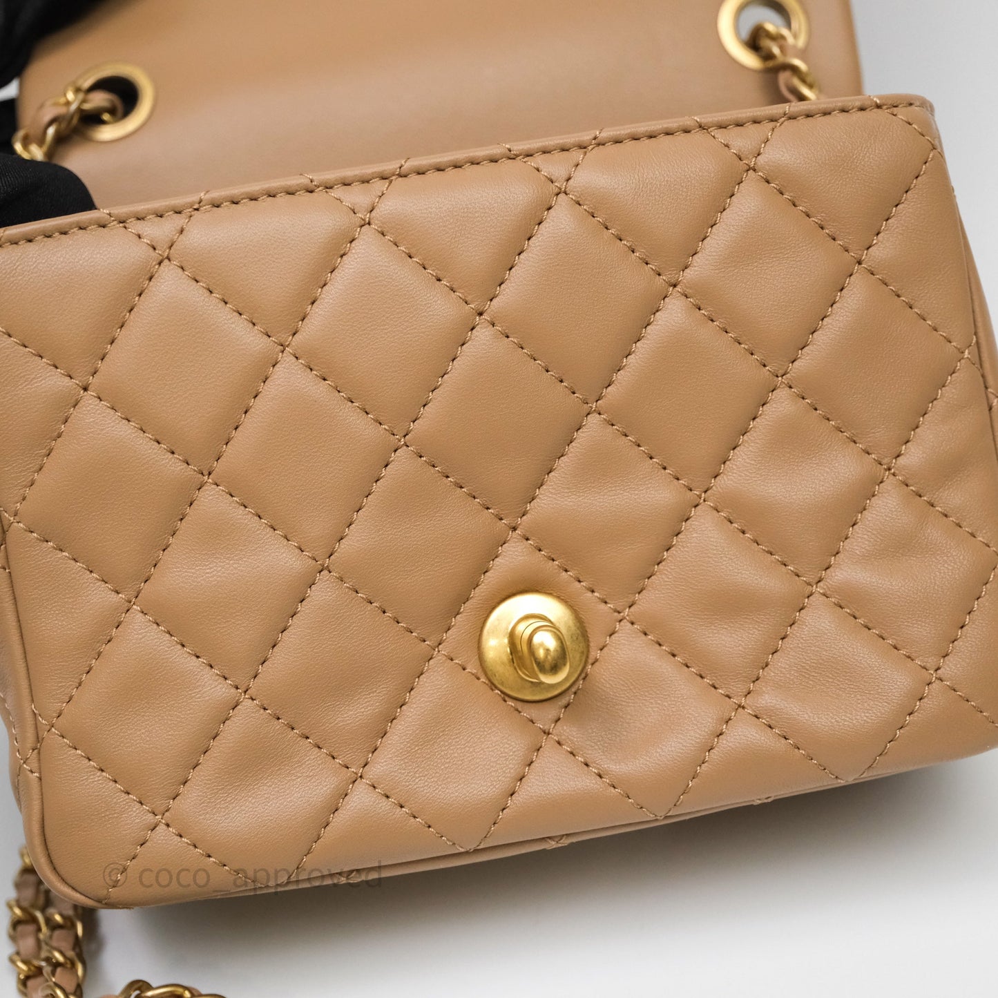 Chanel Pearl Crush Mini Square Quilted Beige Lambskin Aged Gold Hardware