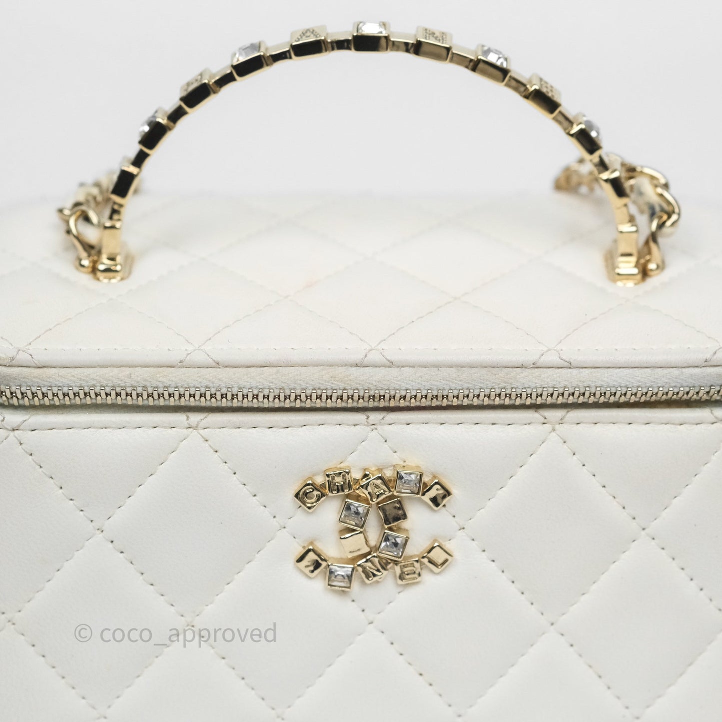 Chanel Logo Crystals Top Handle Vanity Rectangular White Lambskin Gold Hardware