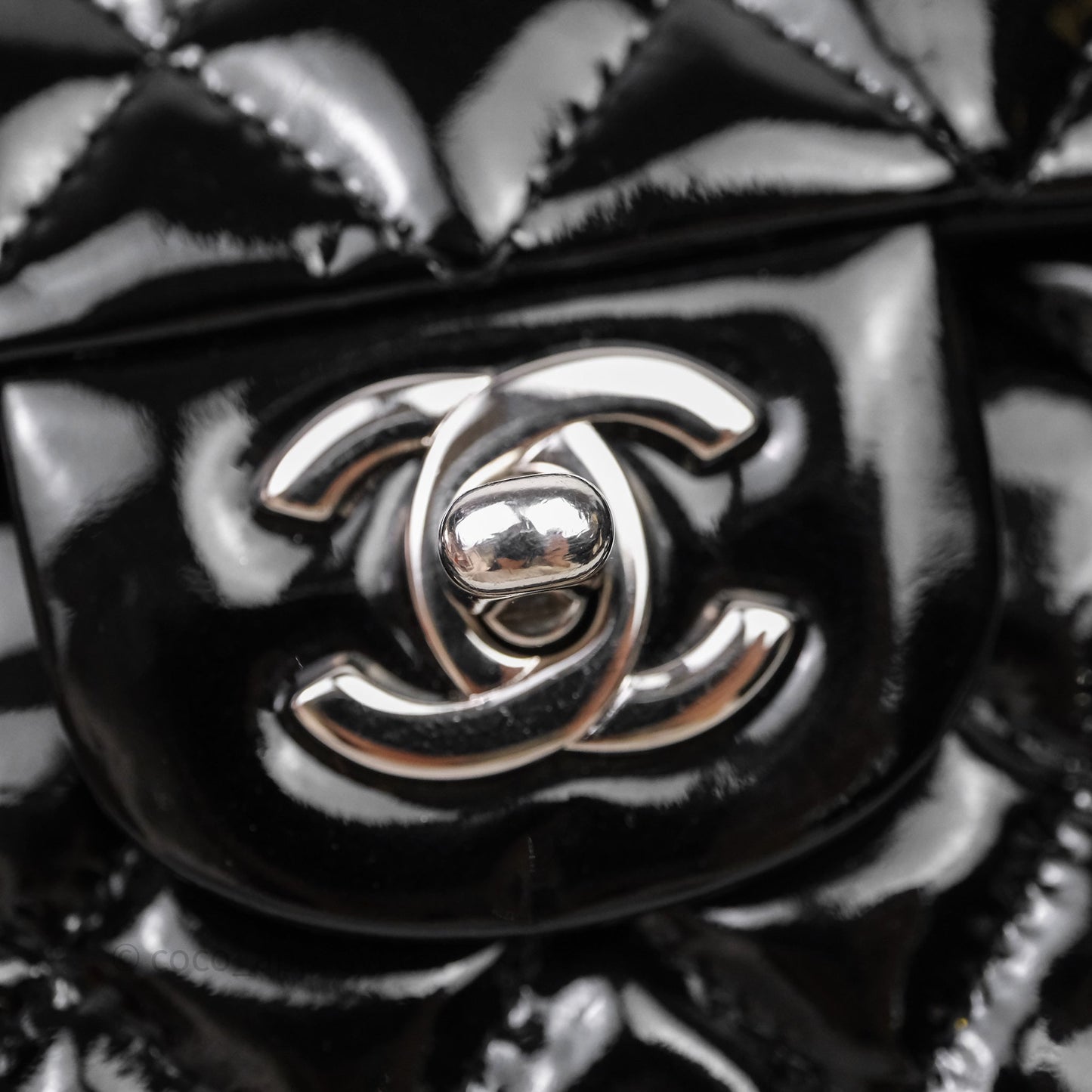 Chanel Medium Classic Flap Quilted Black Patent Silver Hardware