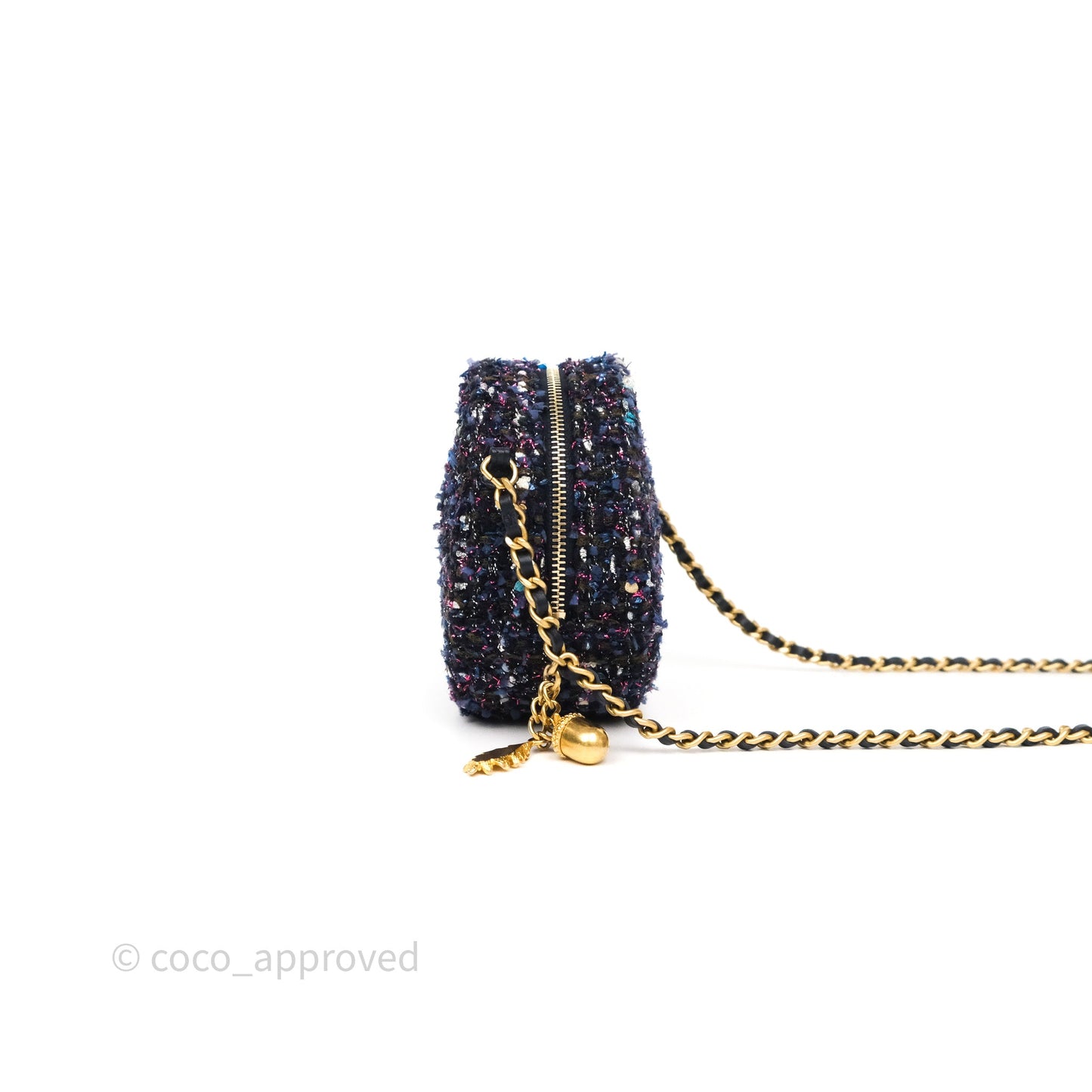 Chanel Charms Round Clutch With Chain Navy Purple Tweed Aged Gold Hardware