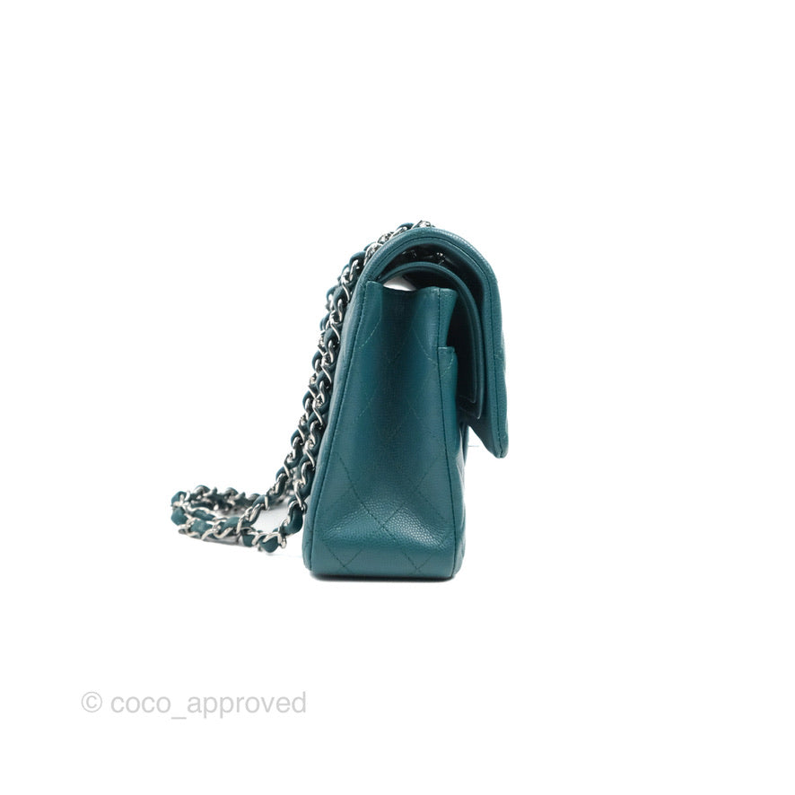 Chanel Classic M/L Medium Flap Quilted Teal Caviar Silver Hardware