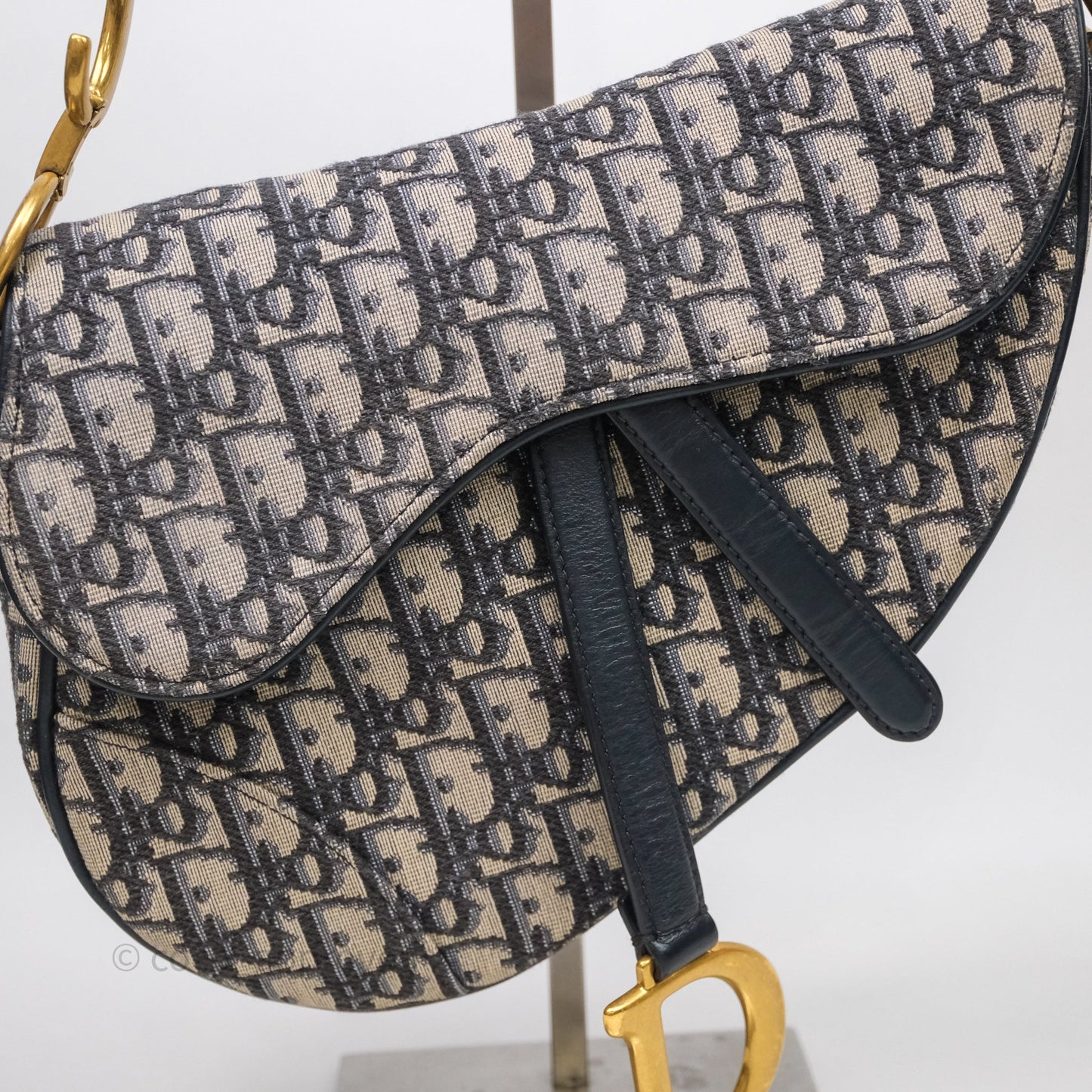 Christian Dior Saddle Bag Navy Dior Oblique Embroidery Gold Hardware