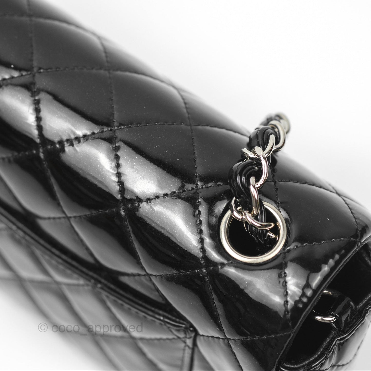 Chanel Quilted Mini Rectangular Flap Black Patent Silver Hardware