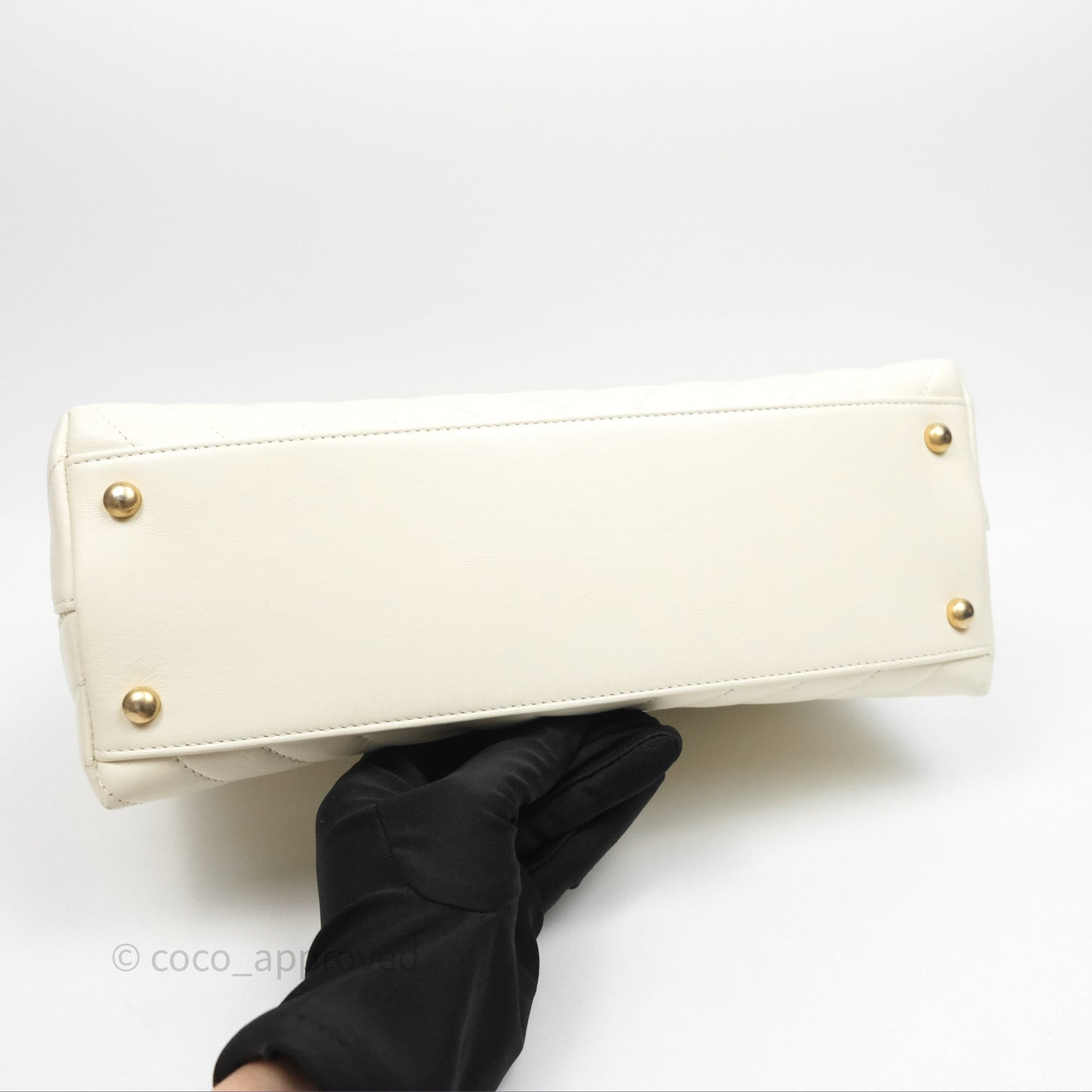 Chanel Medium Coco Handle Chevron Aged Calfskin Ivory Aged Gold Hardware Beige Lizard Handle