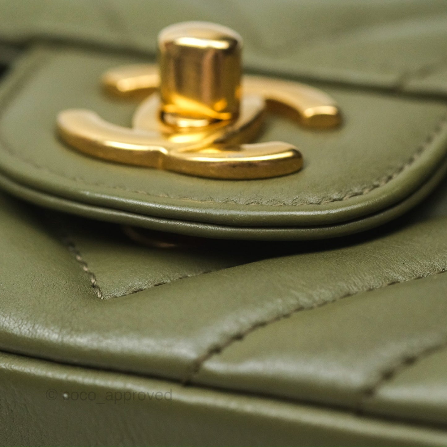 Chanel Mini Square Flap Chevron Olive Green Calfskin Gold Hardware