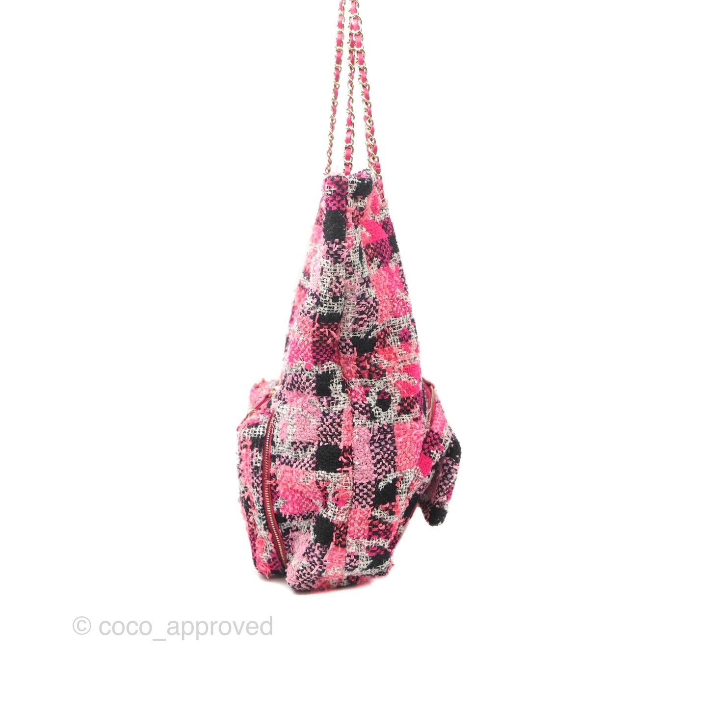 Chanel Coco Beach 2way Crossbody Bag / Foldable Tote Pink Black Grid Tweed