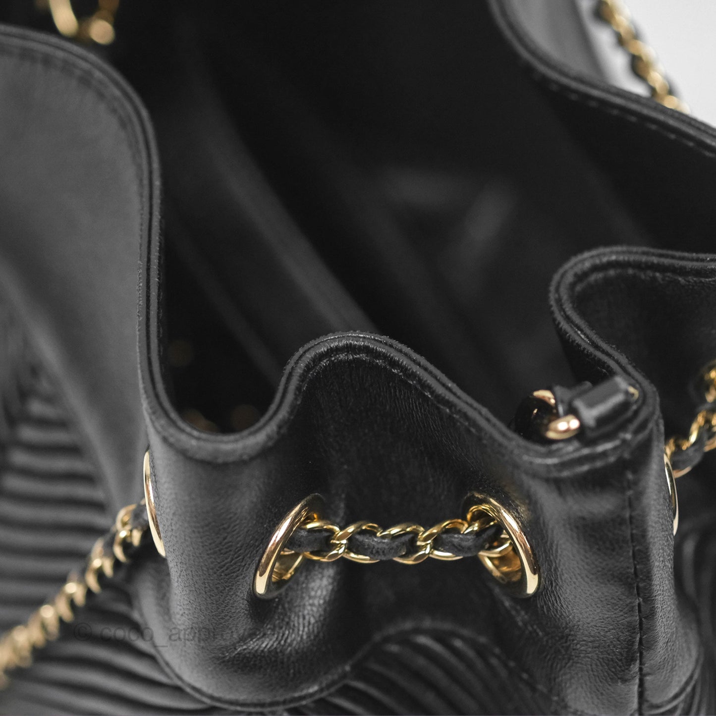 Chanel CC Chain Drawstring Bucket Bag Chevron Black Lambskin Gold Hardware