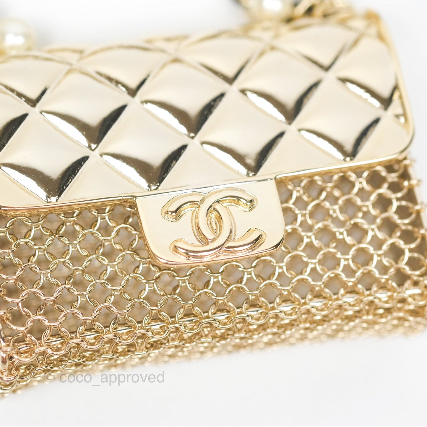 Chanel Flap Bag Charm Pearl Chain Black Leather Long Necklace Gold Tone 21S