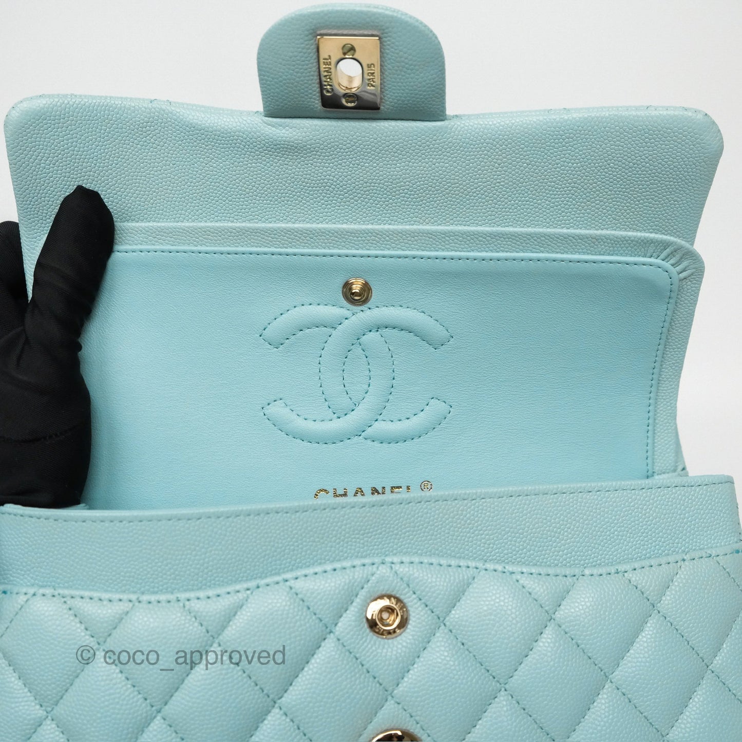Chanel Small S/M Classic Flap Quilted Tiffany Blue Caviar Gold Hardware