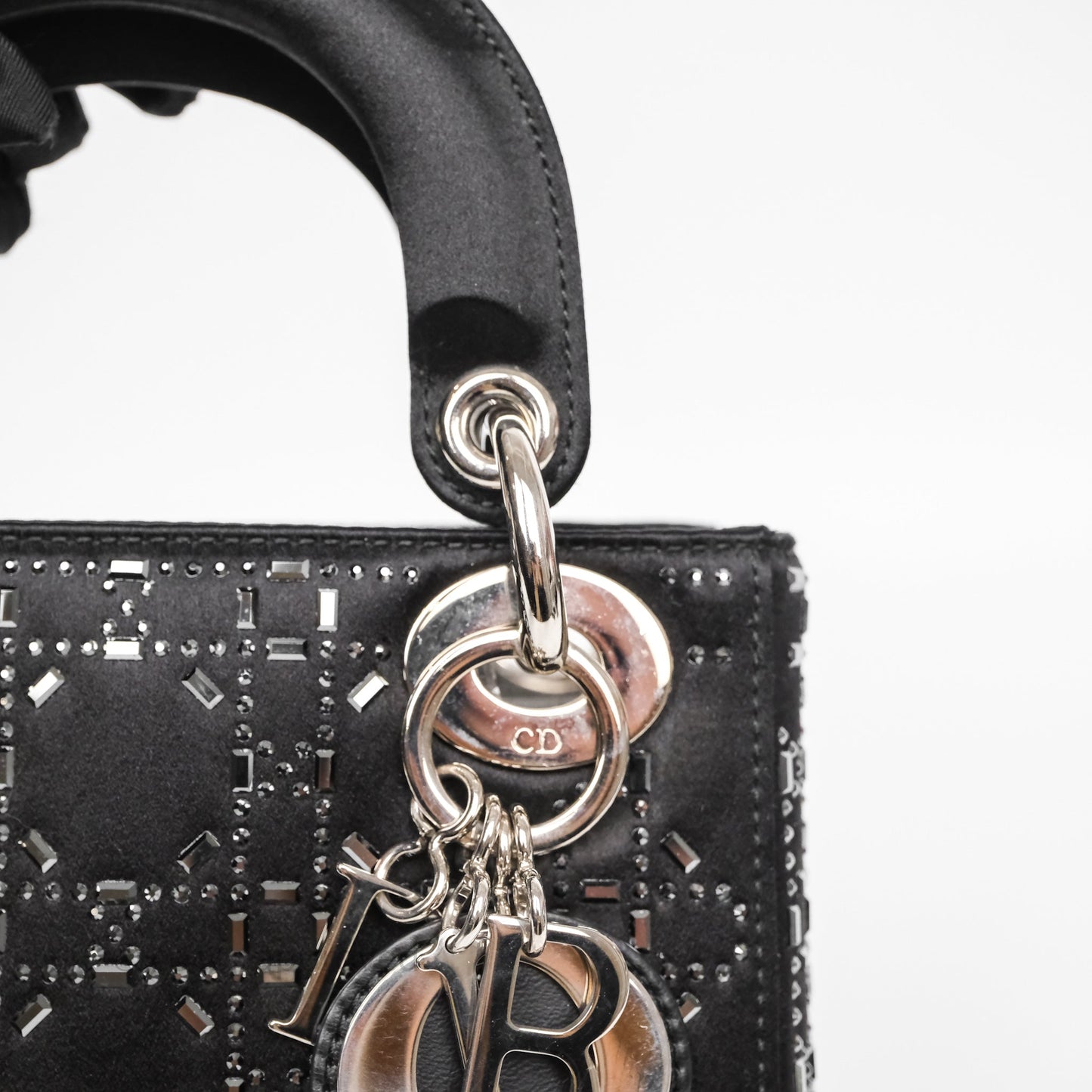 Christian Dior Mini Lady Dior Bag Black Strass Cannage Satin Silver Hardware