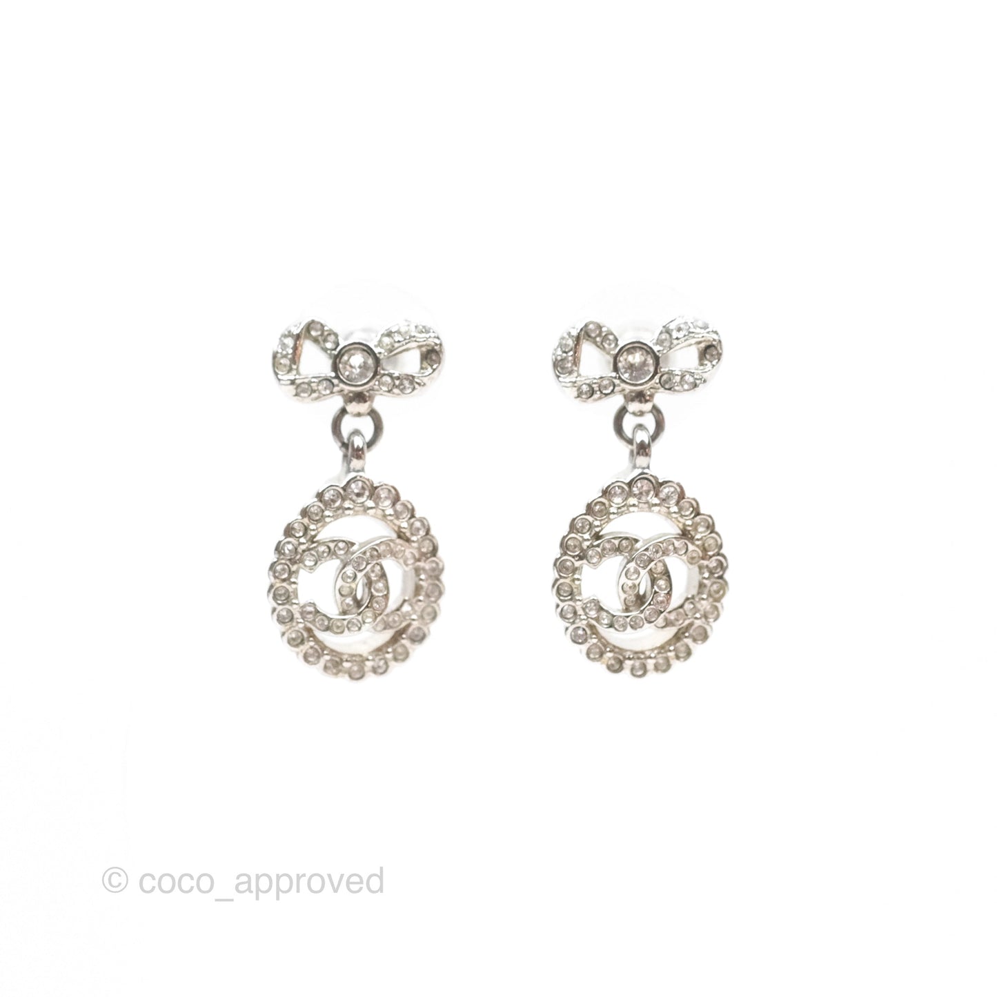 Chanel Crystal CC Bow Knot Drop Earrings Silver Tone 22B